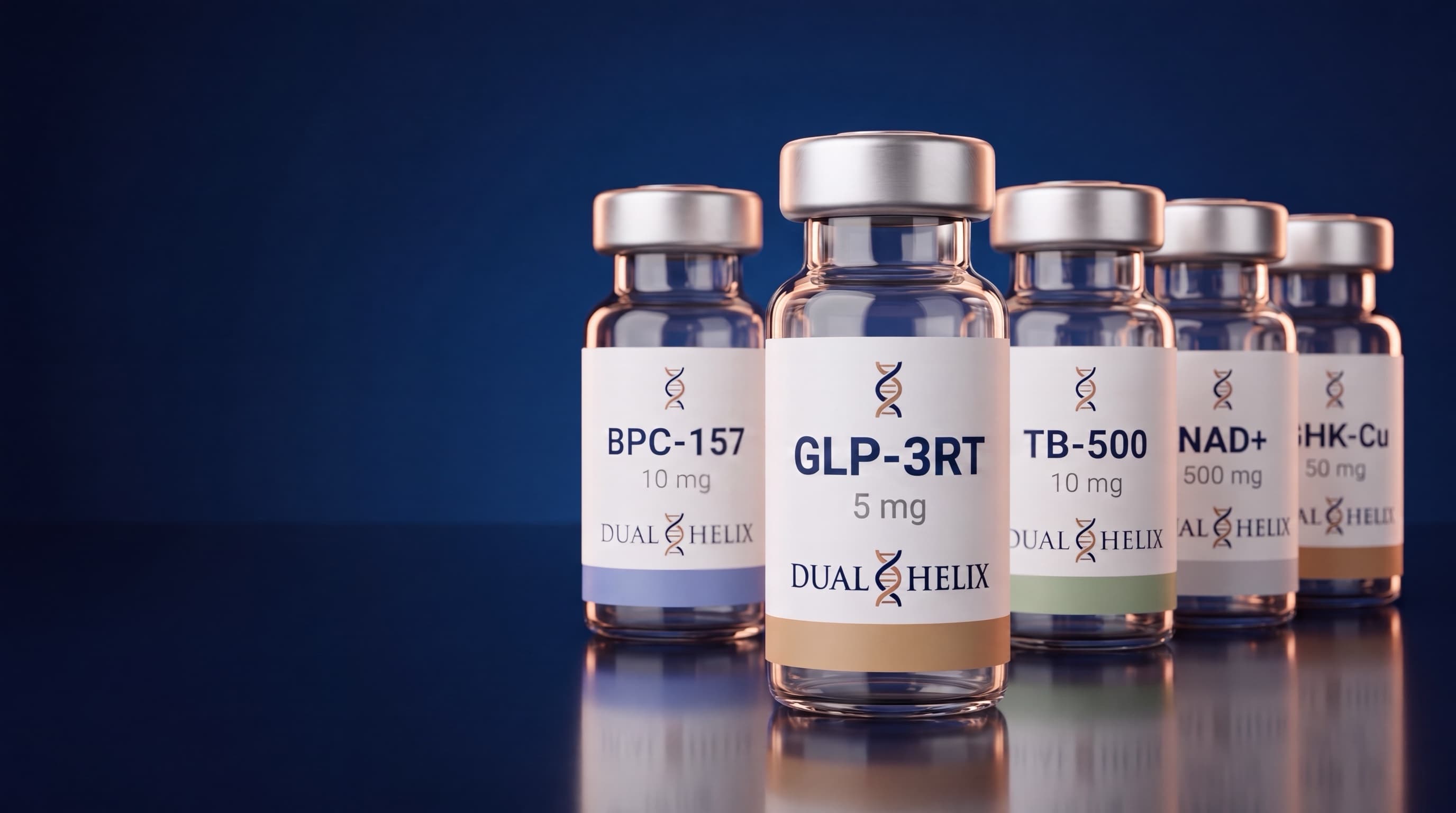 Dual Helix Labs peptide vials on a navy studio stage